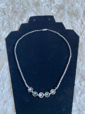 Dark Silver Tone Beaded Necklace with Green Accents